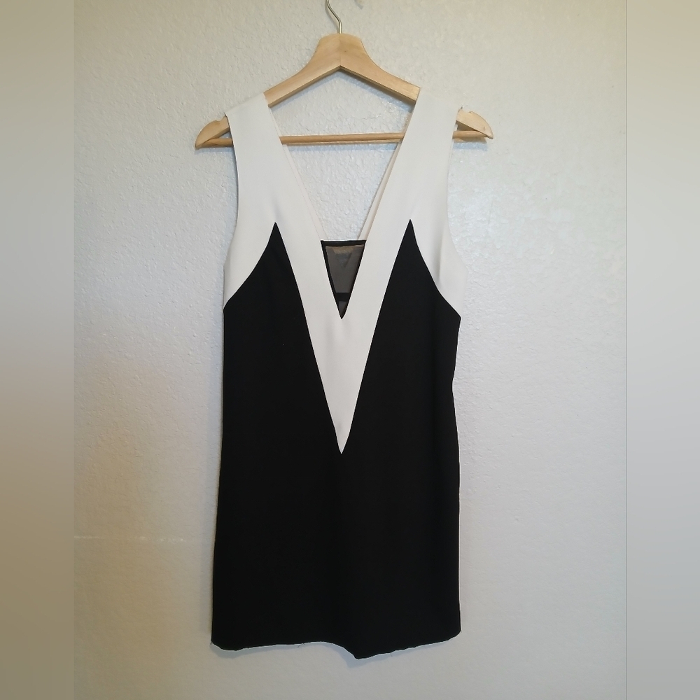 ZARA Black & White Double V-Neck Mini Dress Mesh Stretchy Sleeveless